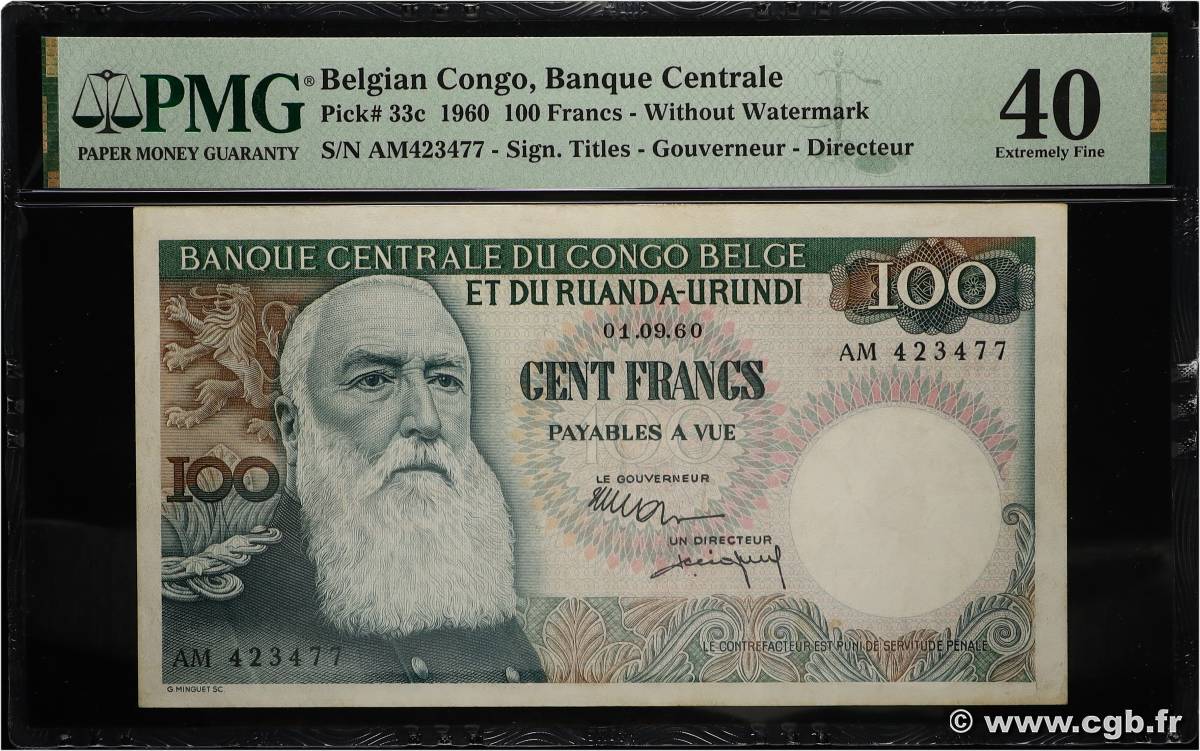 100 Francs CONGO BELGE  1960 P.33c SUP