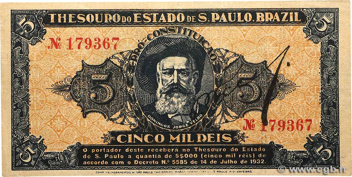 5 Mil Reis BRAZIL São  Paulo 1932 PS.861b VF+