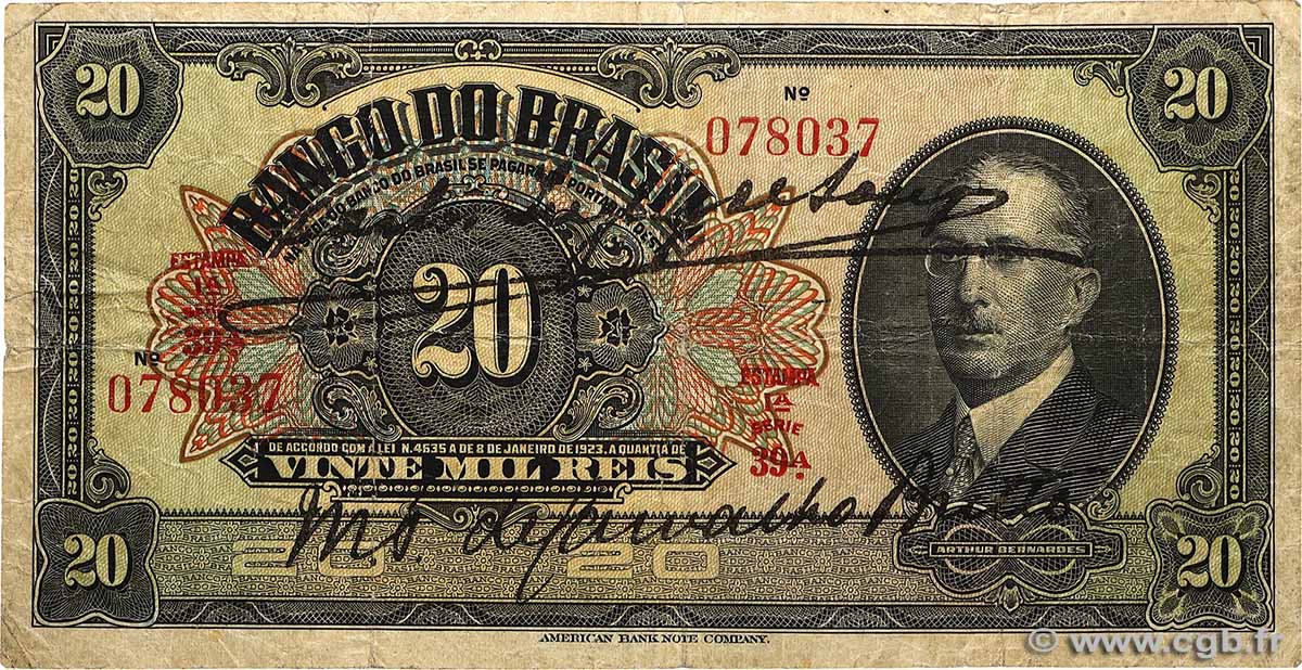 20 Mil Reis BRÉSIL  1923 P.116a TB