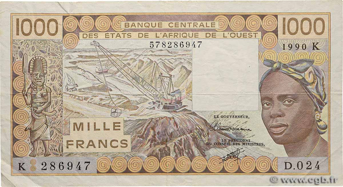 1000 Francs WEST AFRIKANISCHE STAATEN  1990 P.707Kj fS