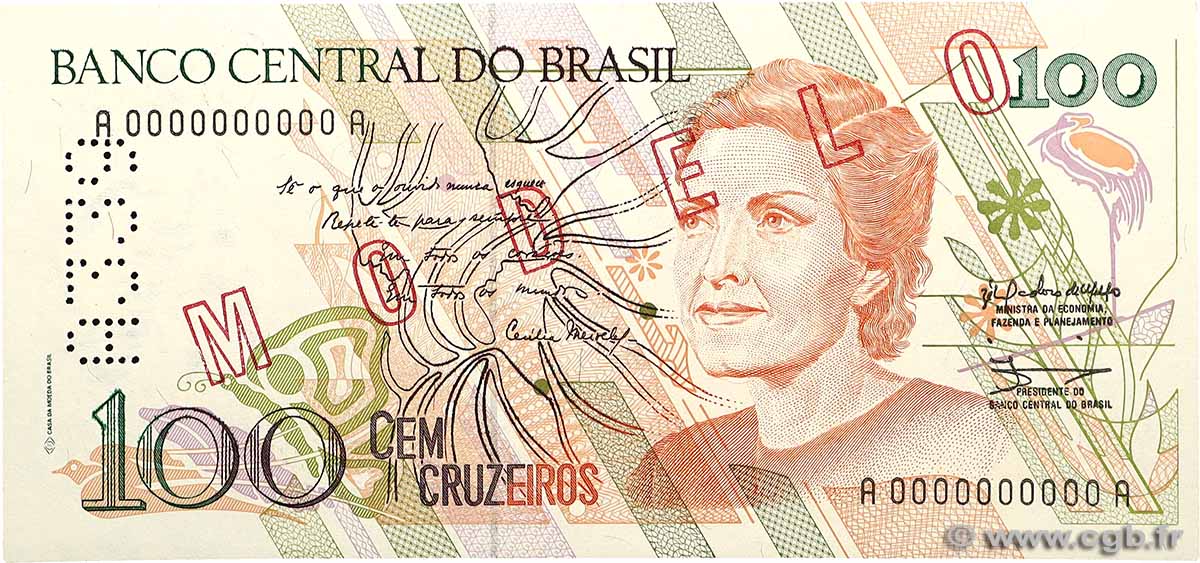 100 Cruzeiros Spécimen BRASIL  1989 P.228s FDC