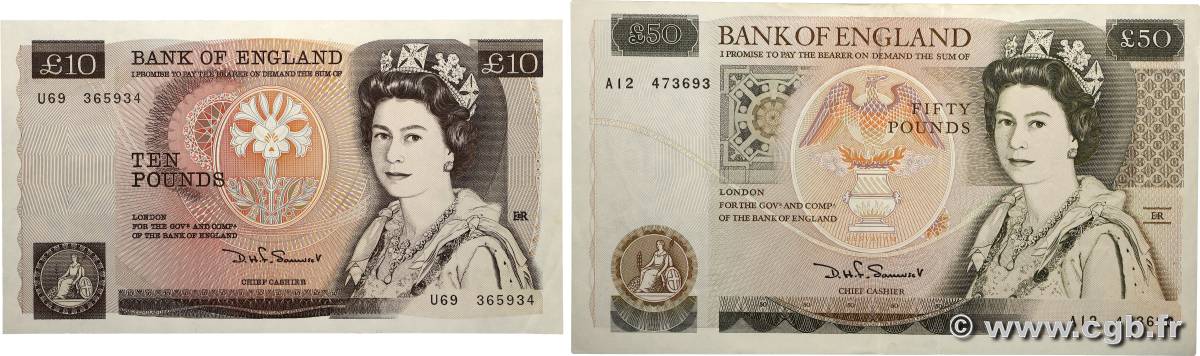 10 et 50 Pounds Lot ENGLAND  1981 P.379b et P.381a XF