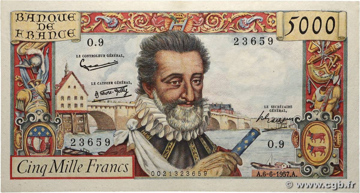 5000 Francs HENRI IV FRANCE  1957 F.49.02 XF+