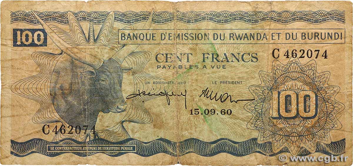 100 Francs RWANDA BURUNDI  1960 P.05 SGE
