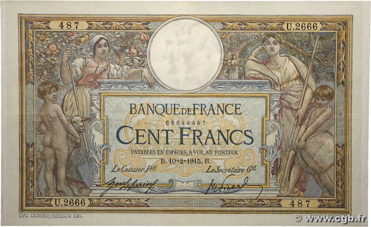 100 Francs LUC OLIVIER MERSON sans LOM FRANKREICH  1915 F.23.07 SS