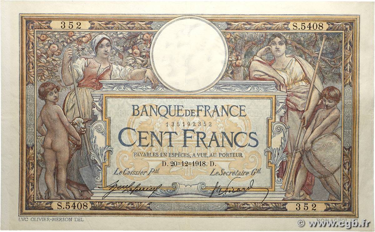 100 Francs LUC OLIVIER MERSON sans LOM FRANCE  1918 F.23.10 SUP