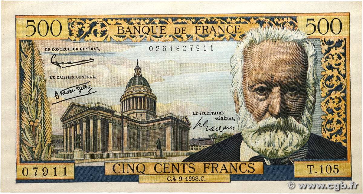 500 Francs VICTOR HUGO FRANCE  1958 F.35.10 XF