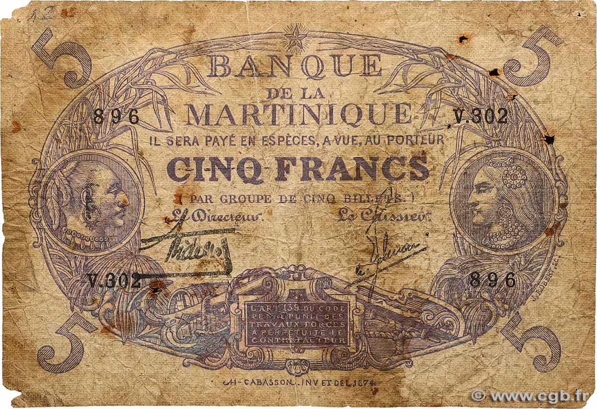 5 Francs Cabasson violet MARTINIQUE  1945 P.06 AB