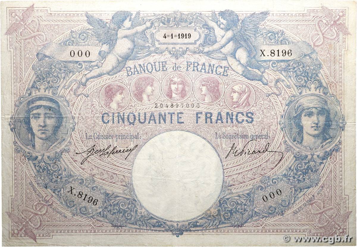 50 Francs BLEU ET ROSE Numéro spécial FRANKREICH  1919 F.14.32 S
