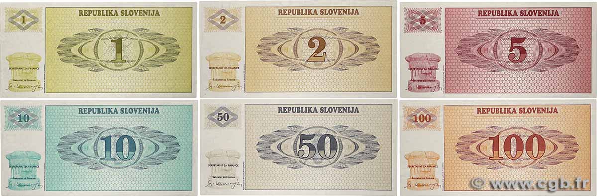 1 à 100 Tolarjev Lot SLOVÉNIE  1990 P.01 à P.06 NEUF