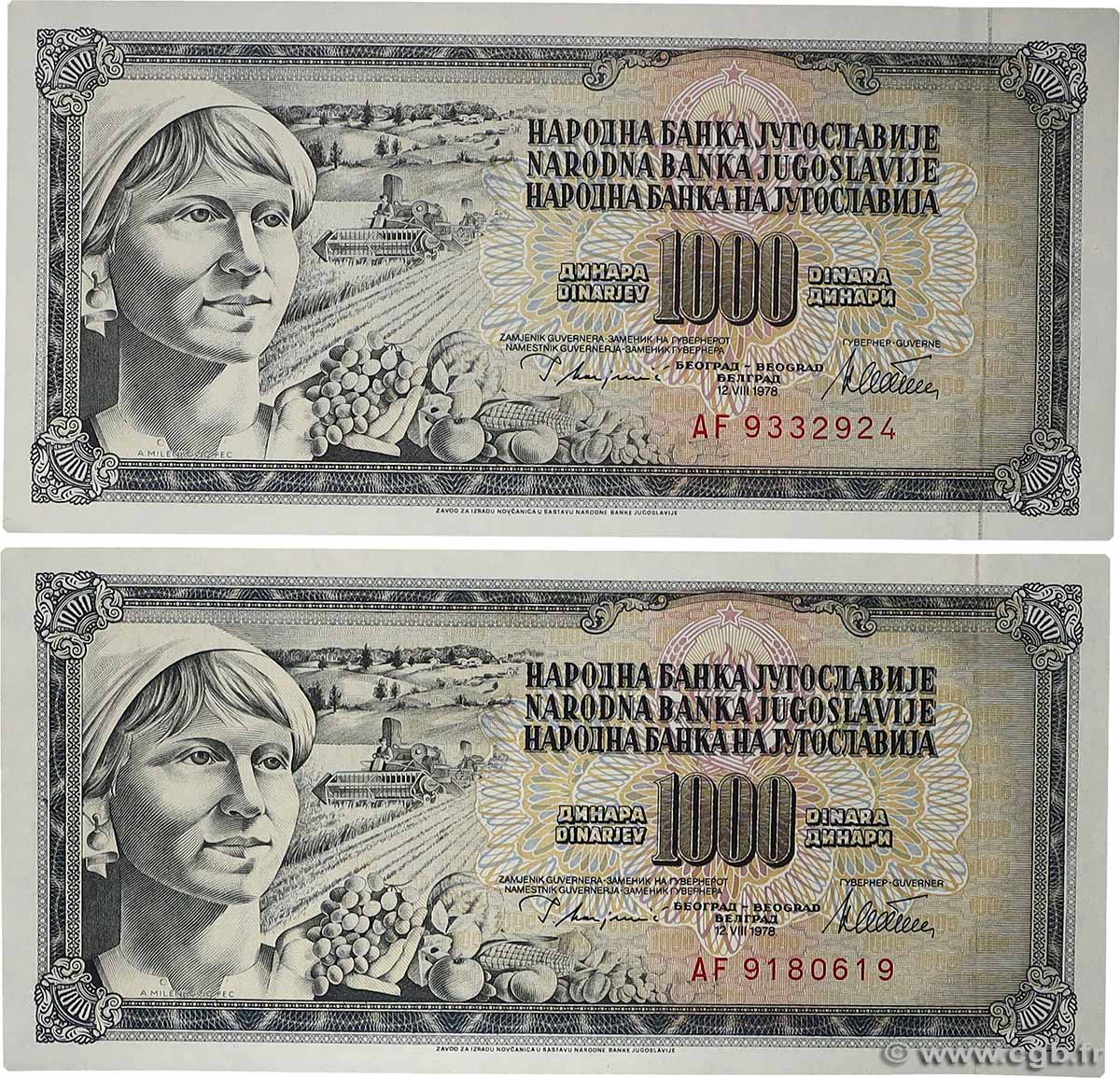 1000 Dinara Lot YOUGOSLAVIE  1978 P.092a et c pr.NEUF