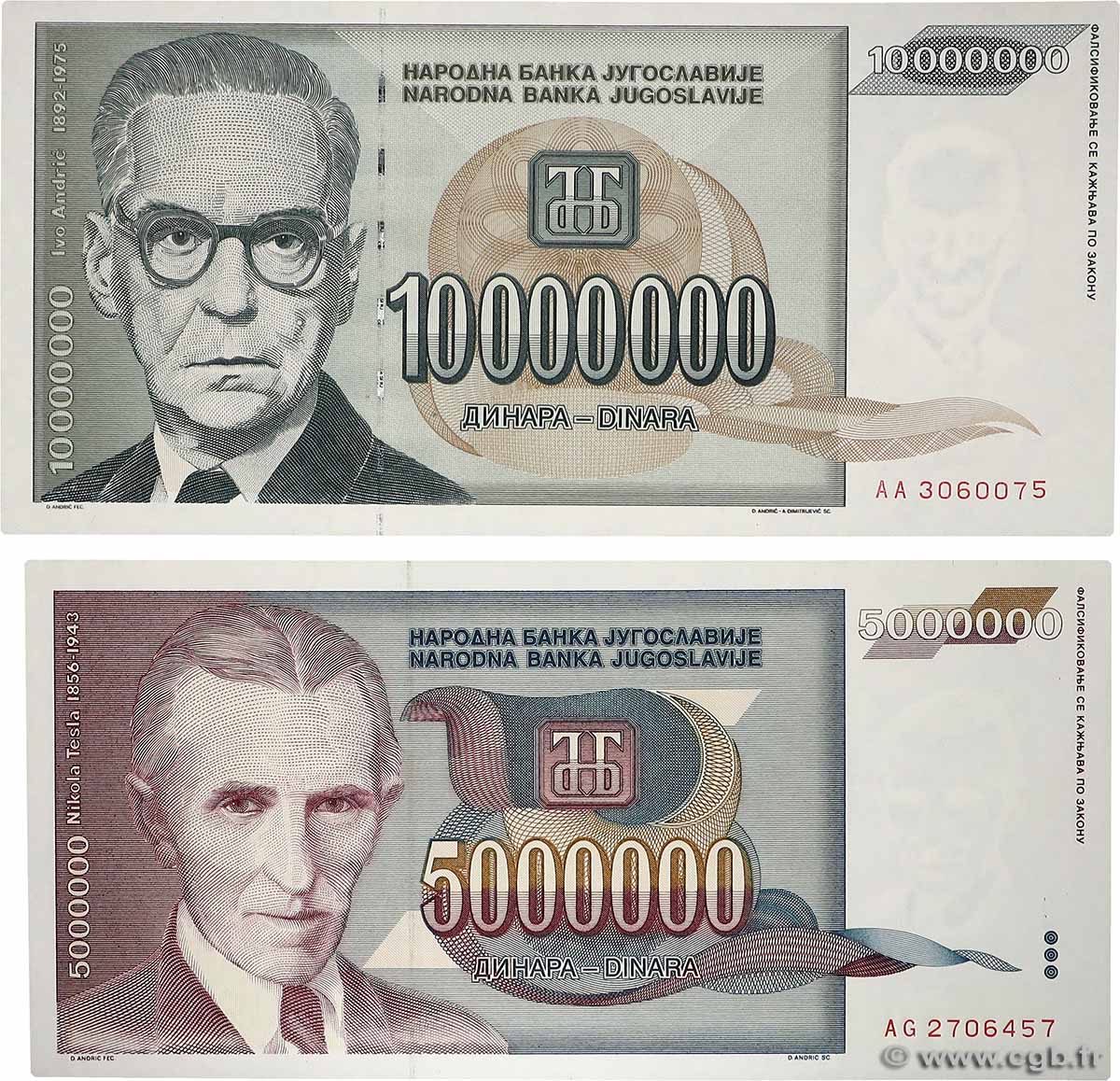 5000000 et 10000000 Dinara Lot YOUGOSLAVIE  1993 P.121 et P.122 pr.NEUF