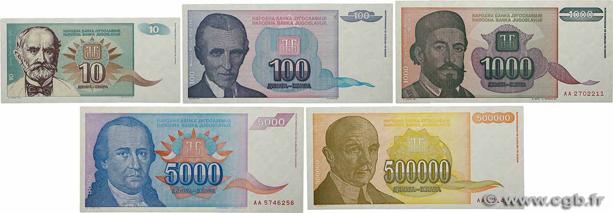 10 au 5000 et 500000 Dinara Lot YOUGOSLAVIE  1994 P.Lot NEUF