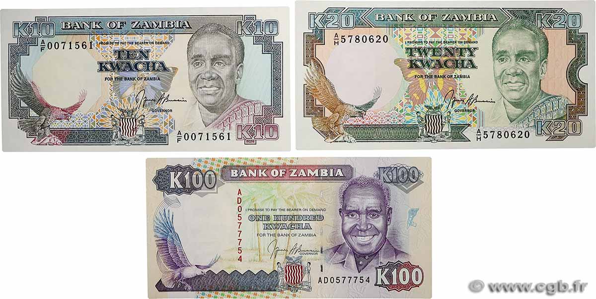 10, 20 et 100 Kwacha Lot ZAMBIE  1989 P.31b, P.32b et P.34a pr.NEUF