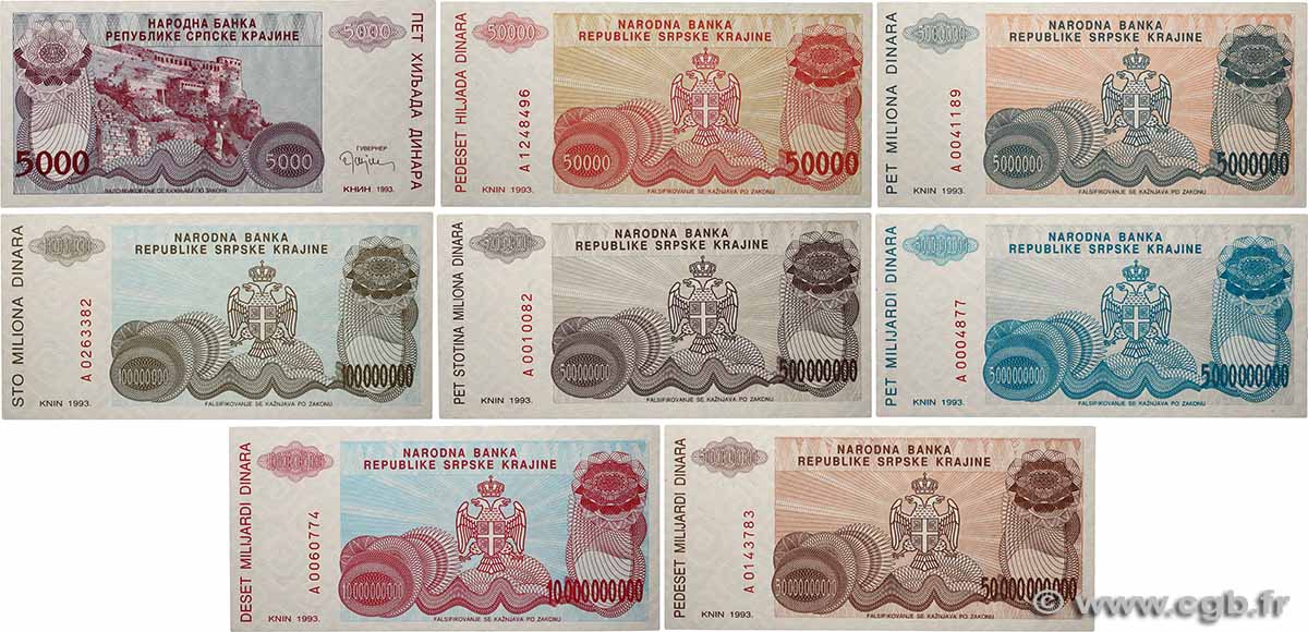 5000 au 50000000000 Dinara Lot CROATIE  1993 P.Lot NEUF