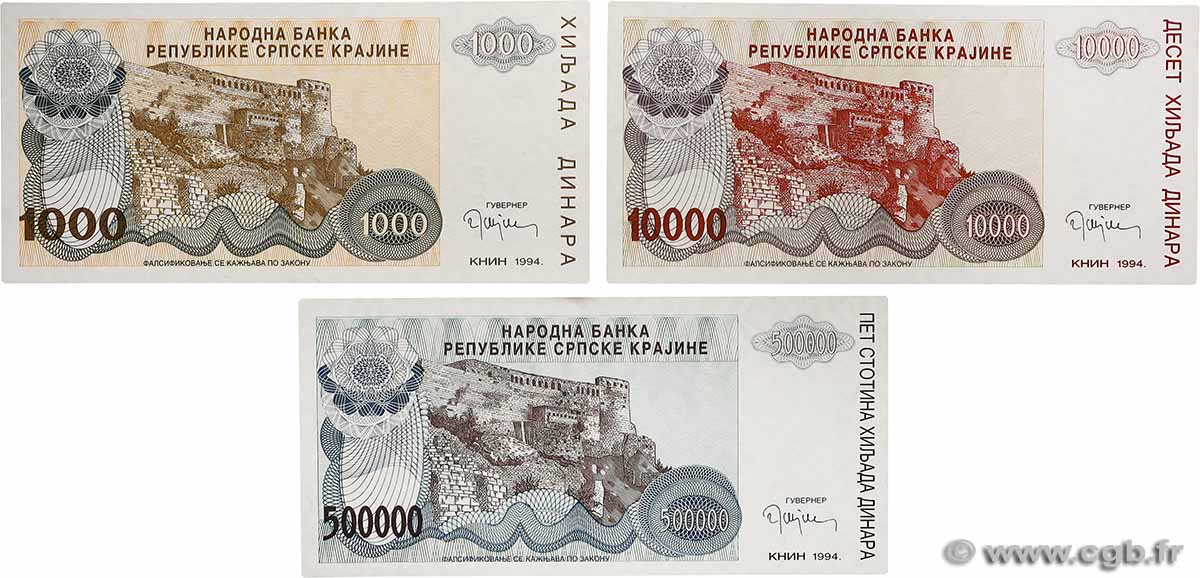 1000, 10000 et 500000 Dinara Lot CROATIE  1994 P.R30a, P.R31a et P.R32a NEUF