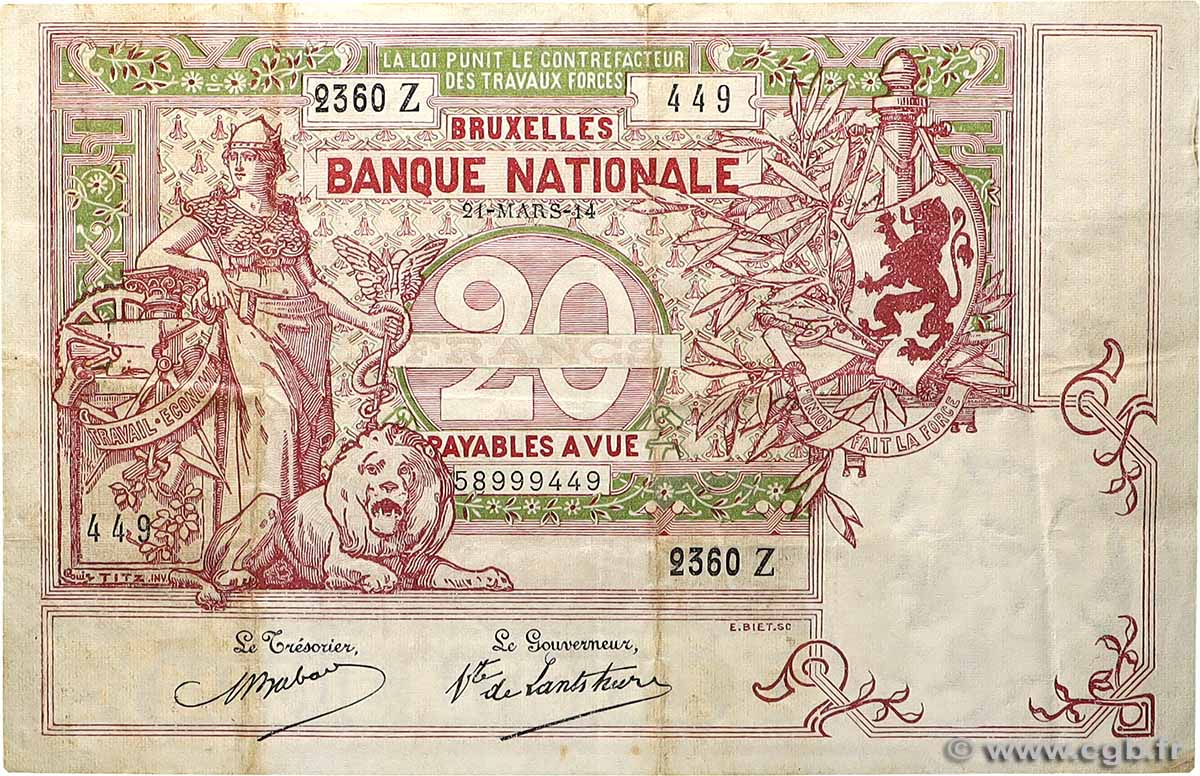 20 Francs BELGIEN  1914 P.067 fSS