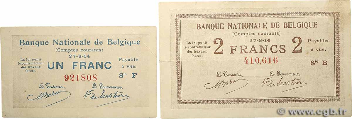 1 et 2 Francs Lot BELGIEN  1914 P.081 et P.082 SS