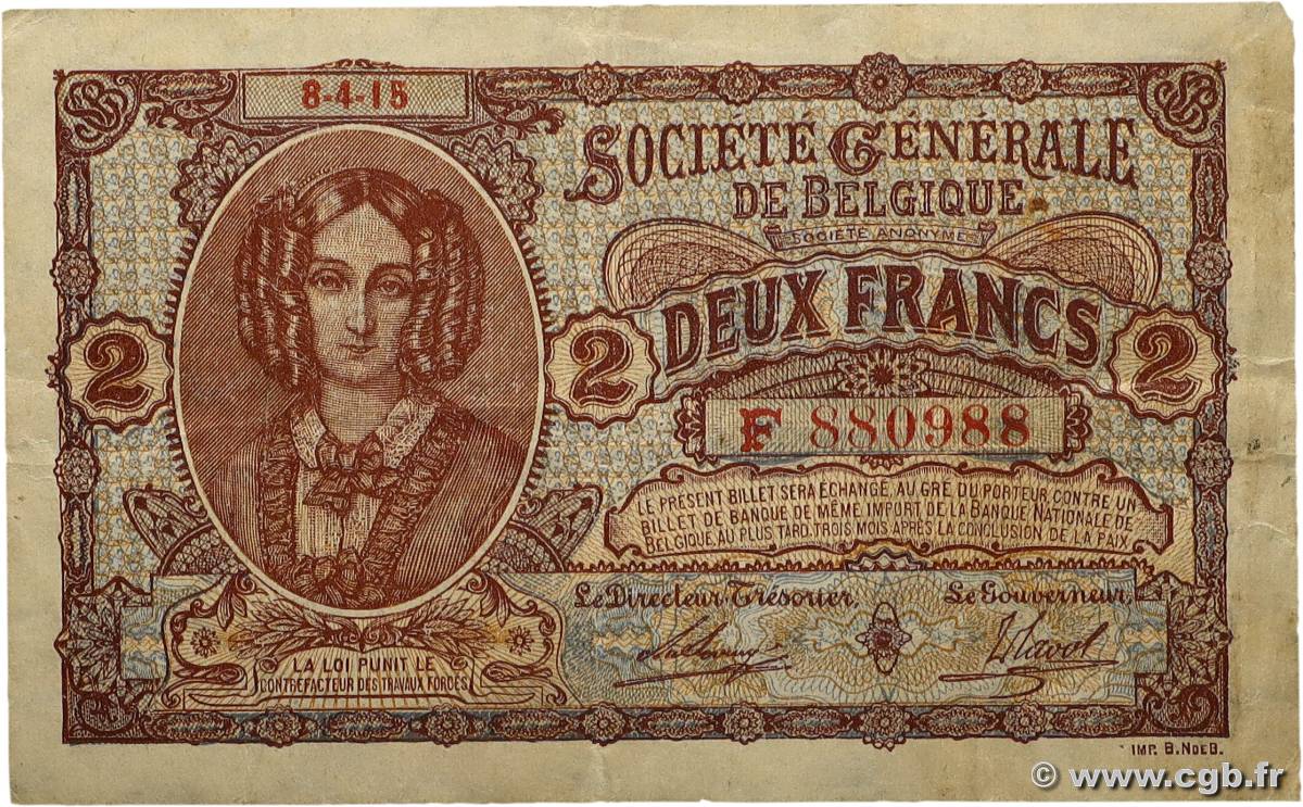 2 Francs BELGIUM  1915 P.087 VF