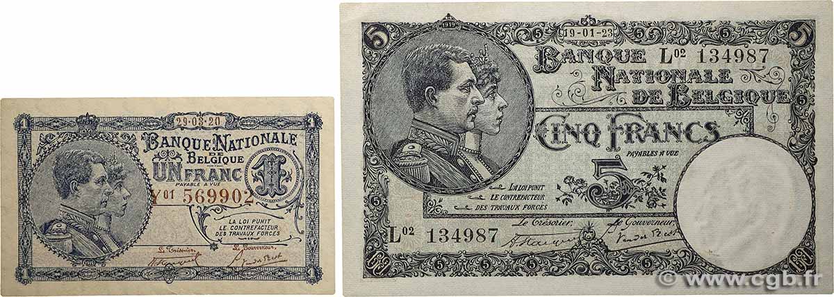 1 et 5 Francs Lot BELGIEN  1920 P.092 et P.093 VZ+