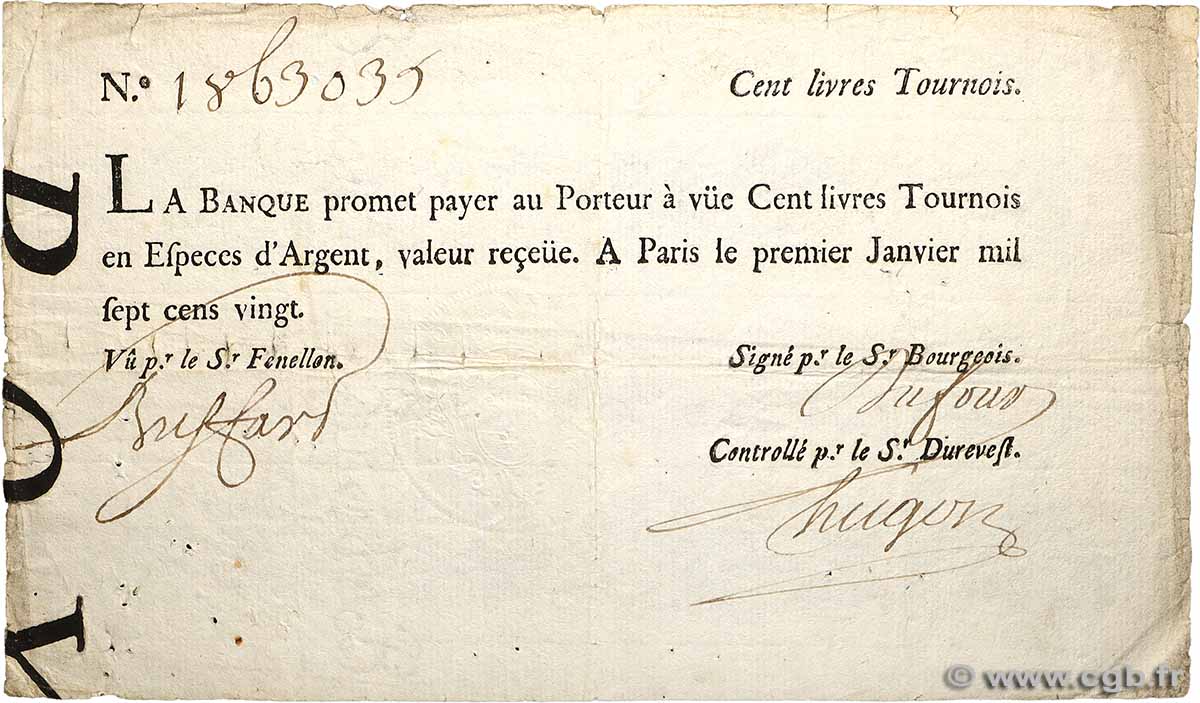 100 Livres Tournois typographié FRANCE  1720 Dor.26 TB