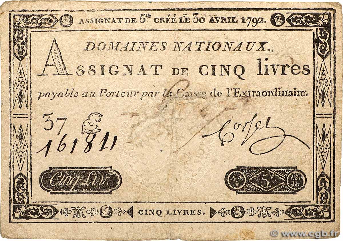 5 Livres Faux FRANCE  1792 Ass.27c VF+