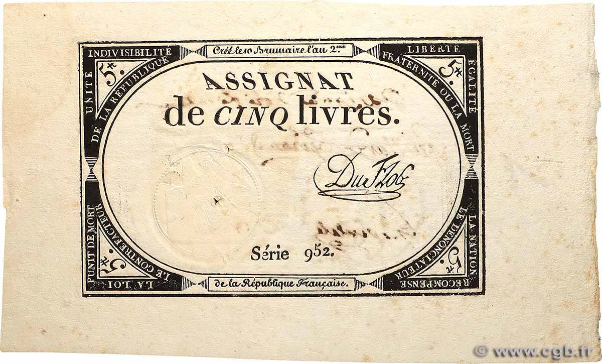 5 Livres Vérificateur FRANCE  1793 Ass.46v XF