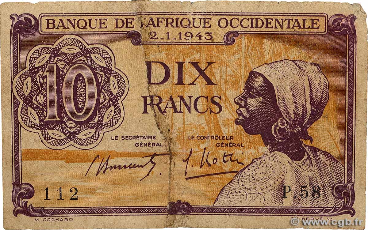 10 Francs AFRIQUE OCCIDENTALE FRANÇAISE (1895-1958)  1943 P.29 B