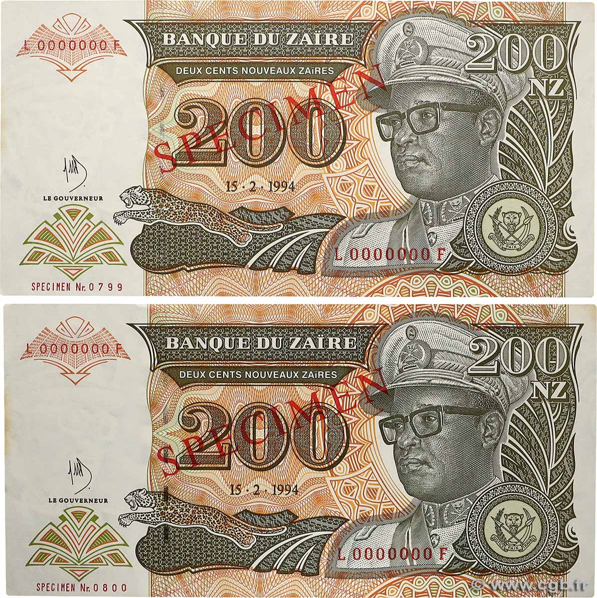 200 Nouveaux Zaïres Spécimen ZAIRE  1994 P.62s AU+