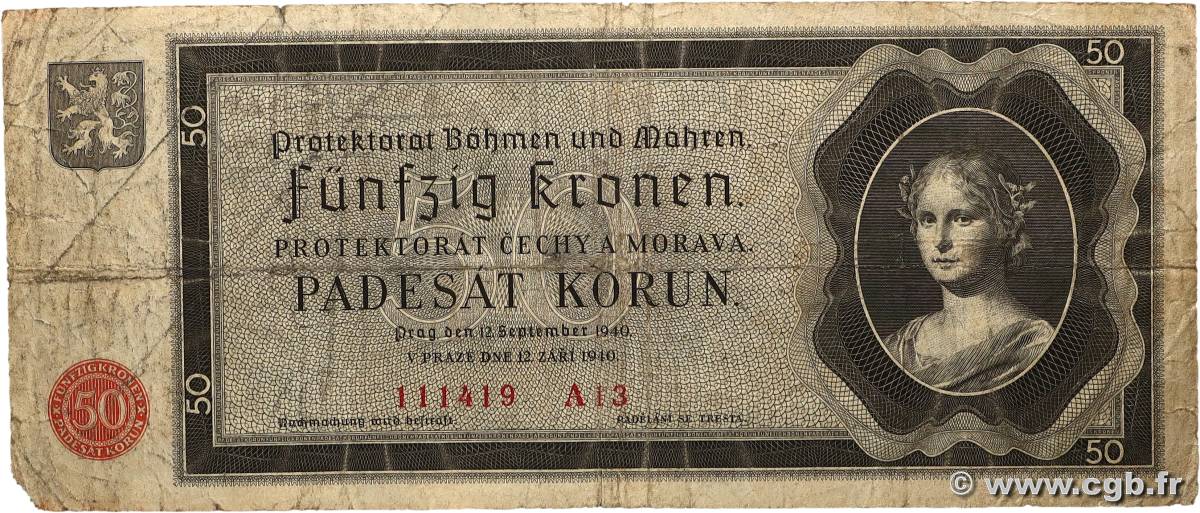 50 Korun BOHÊME ET MORAVIE  1940 P.05a B