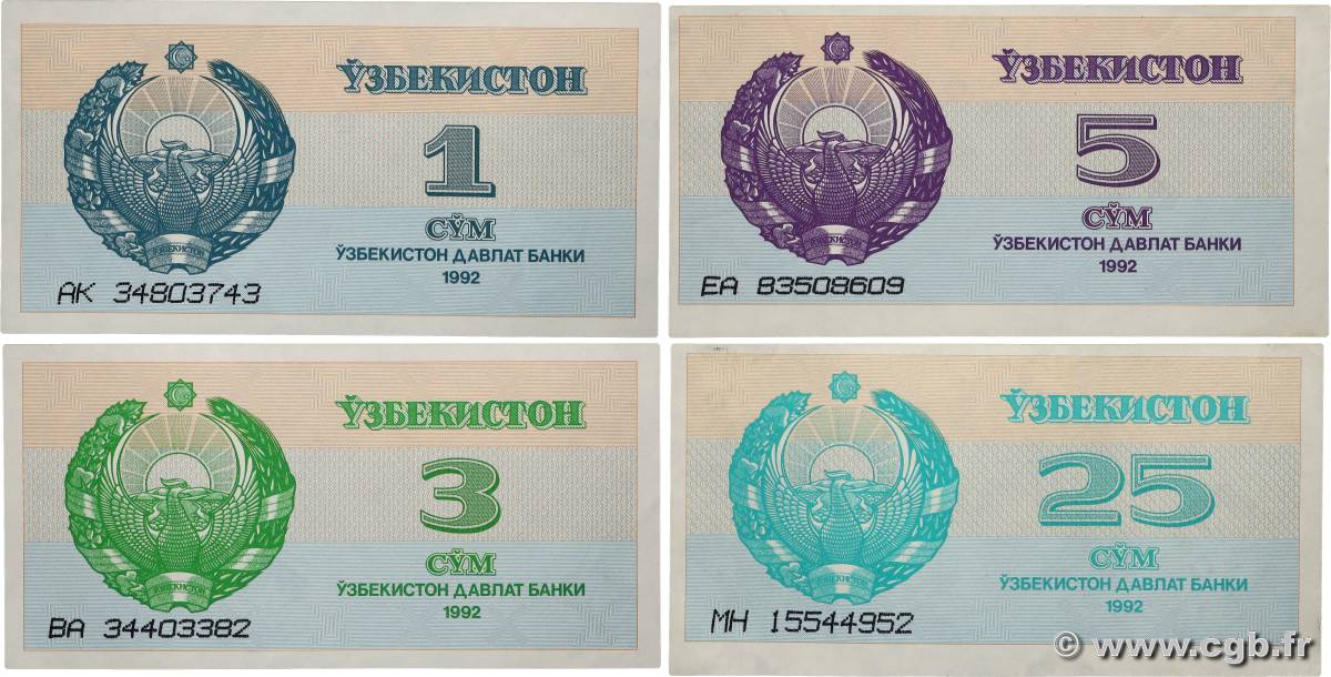 1, 2, 3 et 5 Sum Lot OUZBEKISTAN  1992 P.61, P.62, P.63 et P.65 SPL+