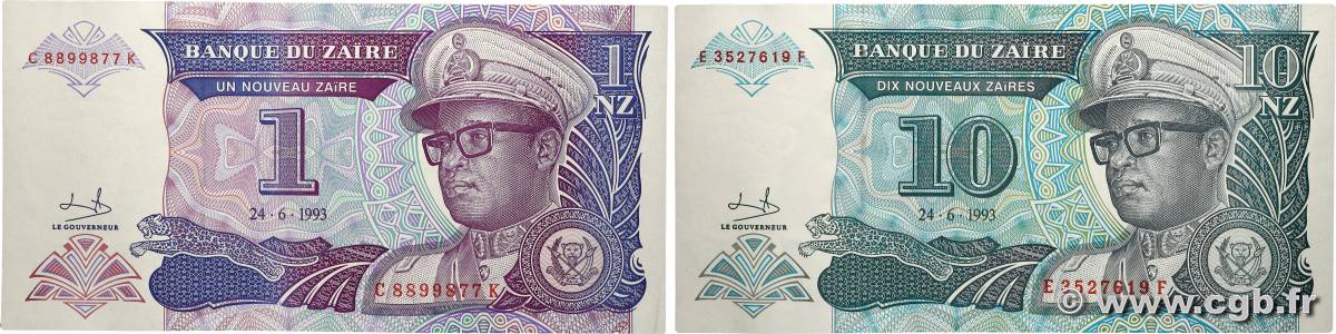 1 et 10 nouveaux Zaïre Lot ZAÏRE  1993 P.52a et P.55 pr.NEUF
