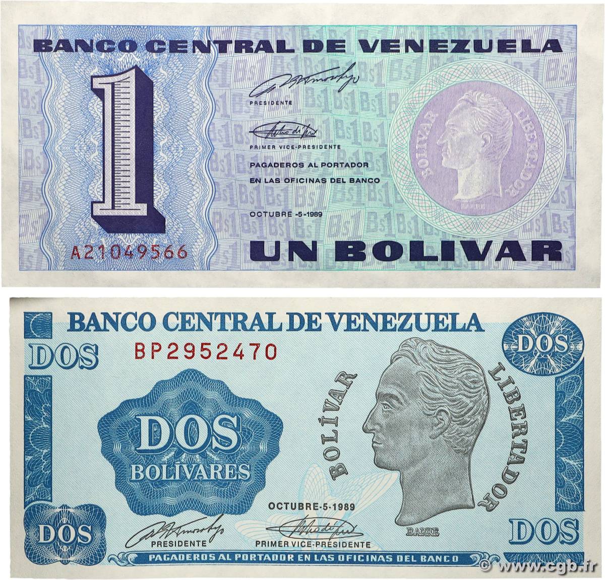 1 et 2 Bolivares Lot VENEZUELA  1989 P.068 et P.069 pr.NEUF