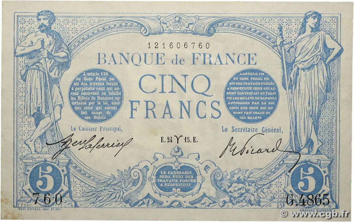 5 Francs BLEU FRANCE  1915 F.02.25 XF