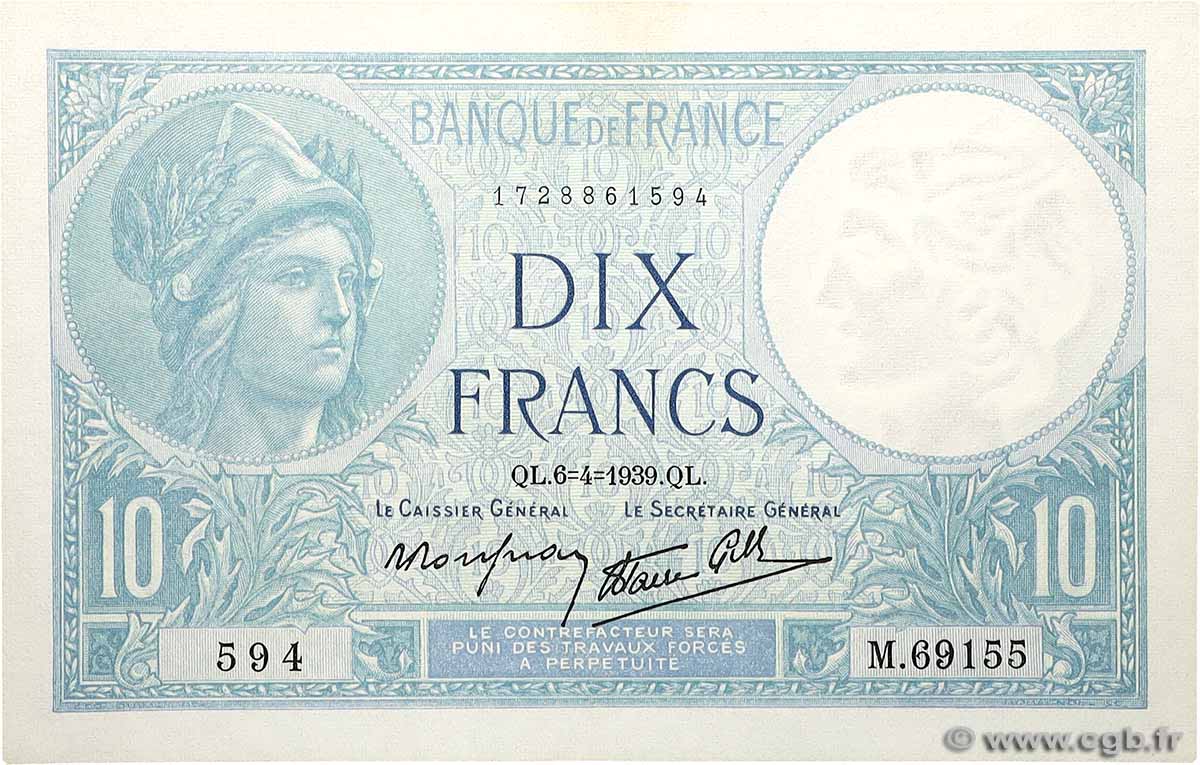 10 Francs MINERVE modifié FRANCE  1939 F.07.02 UNC-