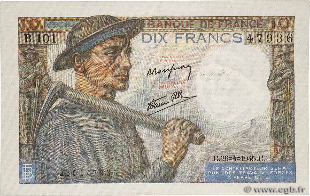 10 Francs MINEUR FRANCE  1945 F.08.14 UNC-