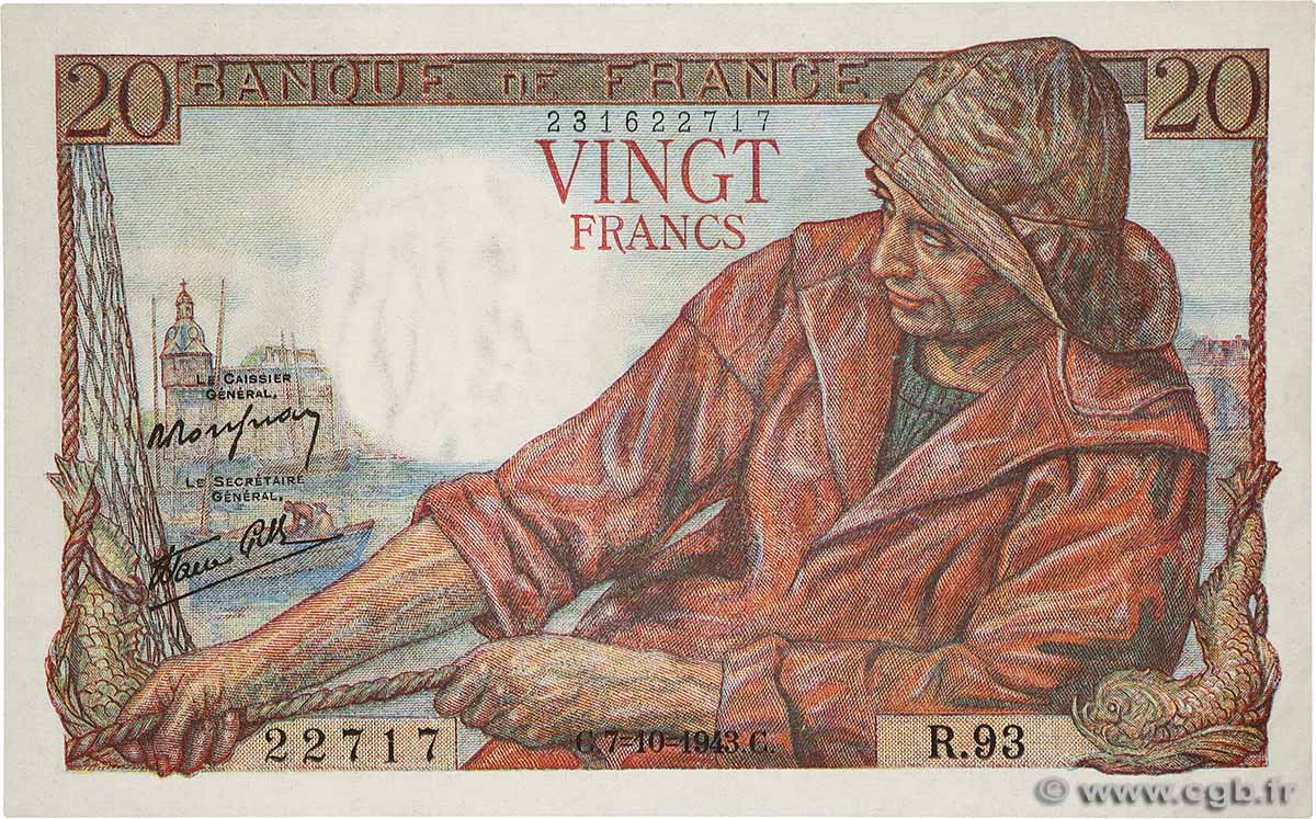 20 Francs PÊCHEUR FRANCE  1943 F.13.07 XF+
