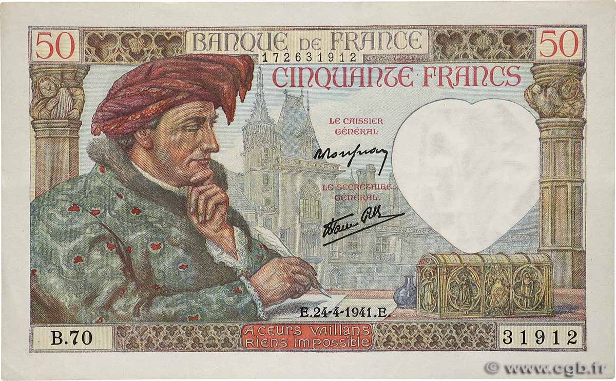 50 Francs JACQUES CŒUR FRANCE  1941 F.19.09 AU