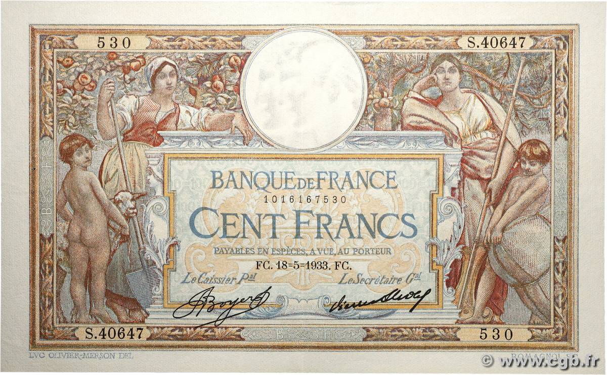 100 Francs LUC OLIVIER MERSON grands cartouches FRANCE  1933 F.24.12a SUP+