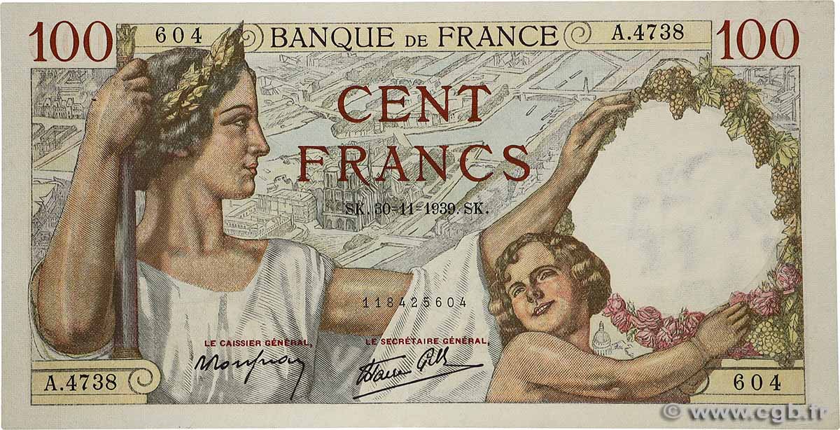 100 Francs SULLY FRANCE  1939 F.26.16 XF