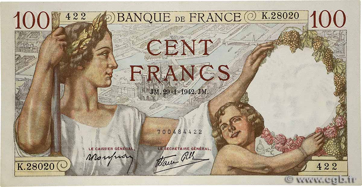 100 Francs SULLY FRANCE  1942 F.26.65 UNC-