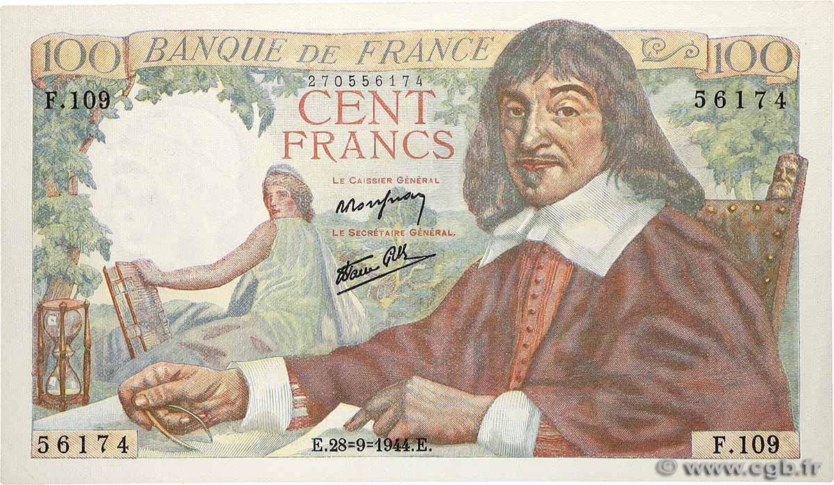 100 Francs DESCARTES FRANCE  1944 F.27.07 UNC-