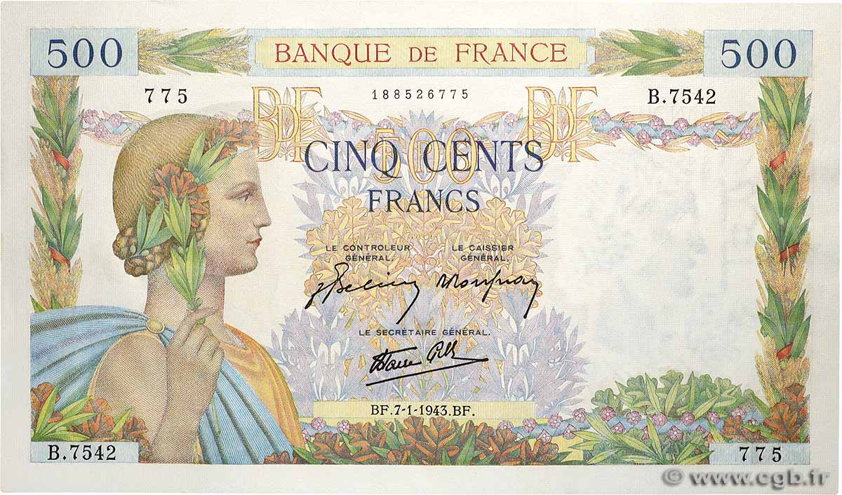 500 Francs LA PAIX FRANCE  1943 F.32.44 UNC-