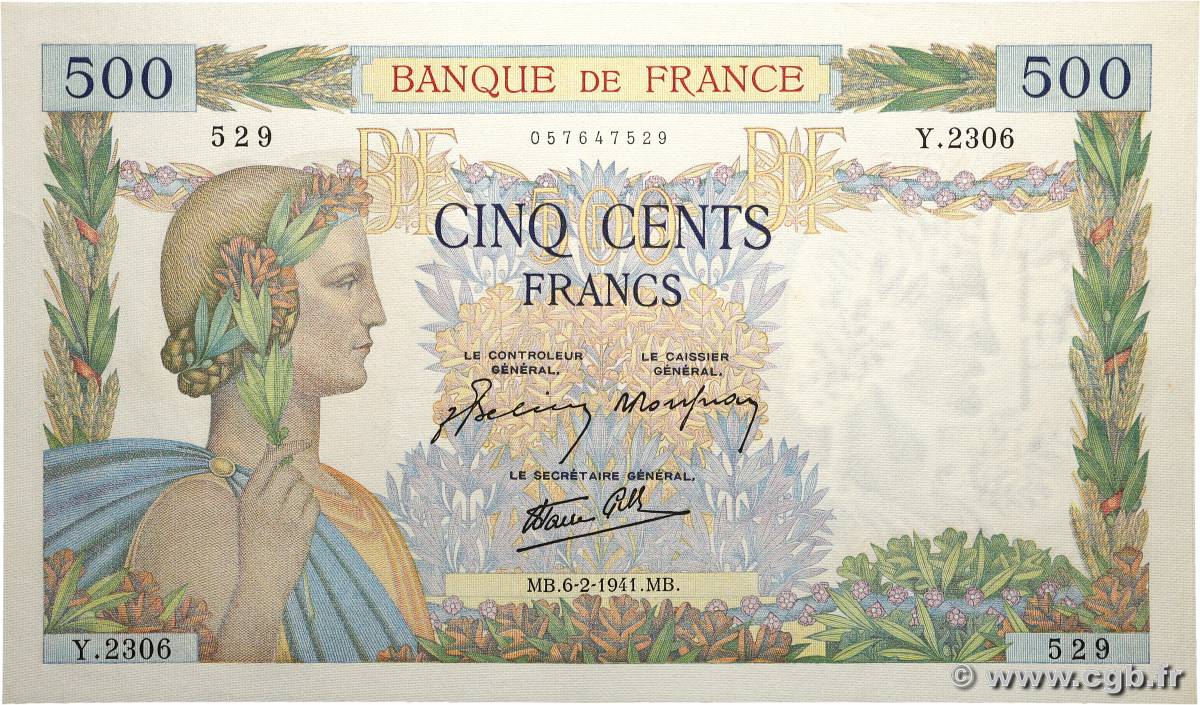 500 Francs LA PAIX FRANCE  1941 F.32.14 AU