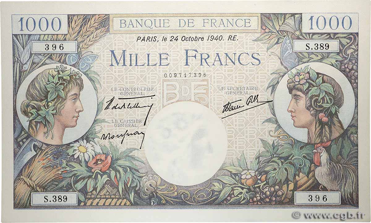 1000 Francs COMMERCE ET INDUSTRIE FRANCE  1940 F.39.01 UNC-