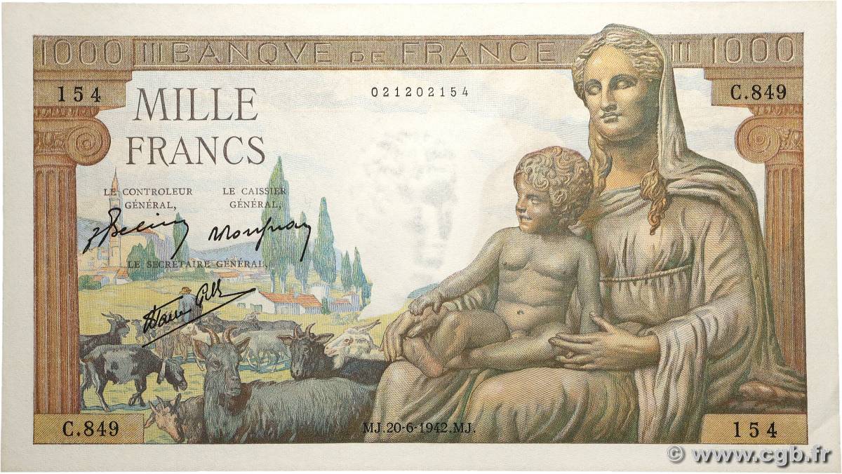 1000 Francs DÉESSE DÉMÉTER FRANCE  1942 F.40.03 AU