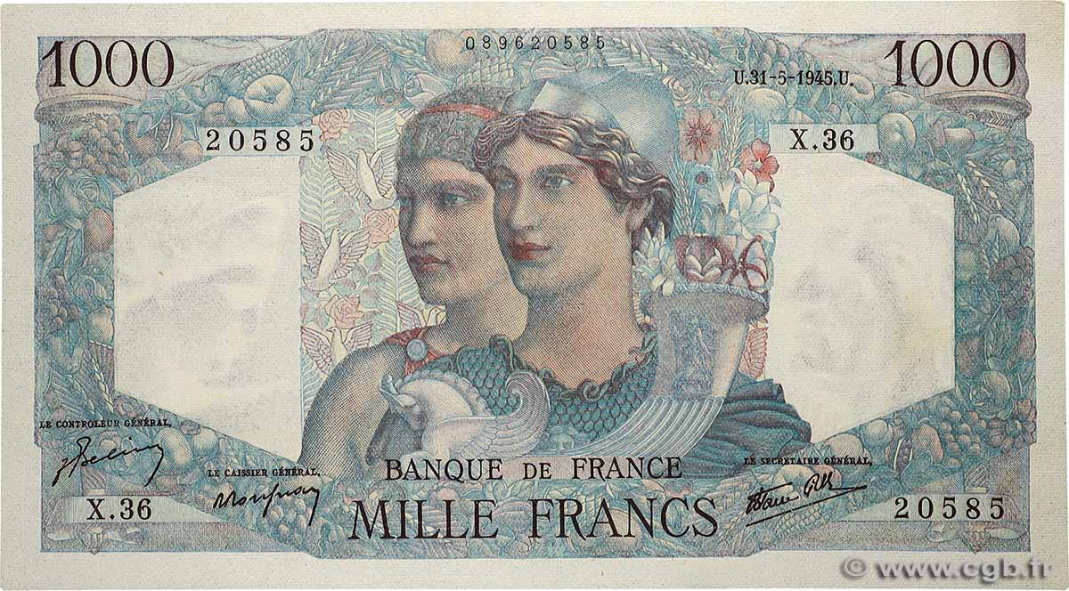 1000 Francs MINERVE ET HERCULE FRANCE  1945 F.41.03 UNC-