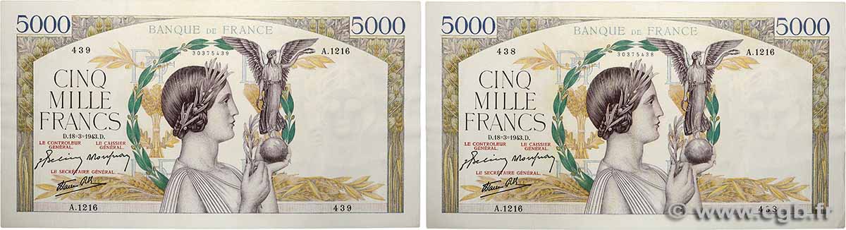 5000 Francs VICTOIRE Impression à plat Consécutifs FRANCE  1943 F.46.49 AU-