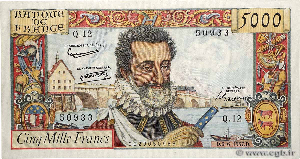 5000 Francs HENRI IV FRANKREICH  1957 F.49.02 VZ