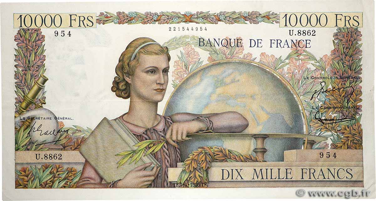 10000 Francs GÉNIE FRANÇAIS FRANCE  1955 F.50.74 XF-